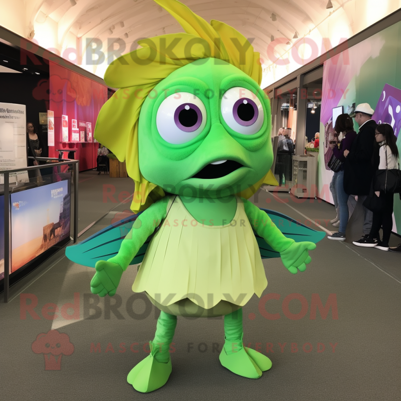 Lime Green Betta Fish mascot costume character dressed with a Culottes and Suspenders