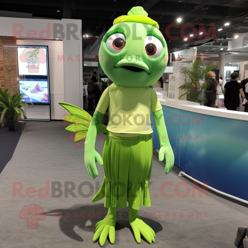 Lime Green Betta Fish mascot costume character dressed with a Culottes and Suspenders