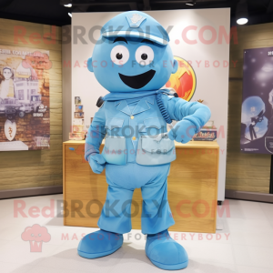 Cyan Army Soldier mascot costume character dressed with a Denim Shirt and Scarf clips