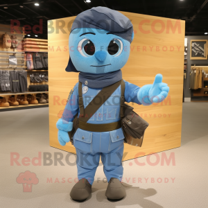 Cyan Army Soldier mascot costume character dressed with a Denim Shirt and Scarf clips