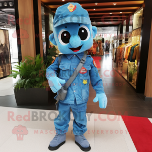 Cyan Army Soldier mascot costume character dressed with a Denim Shirt and Scarf clips