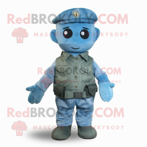 Cyan Army Soldier mascot costume character dressed with a Denim Shirt and Scarf clips
