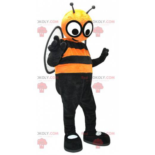 Mascote abelha laranja e preta com olhos grandes -