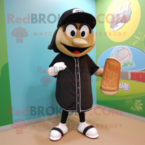 Black Falafel mascot costume character dressed with a Baseball Tee and Shoe clips