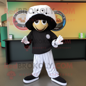 Black Falafel mascot costume character dressed with a Baseball Tee and Shoe clips
