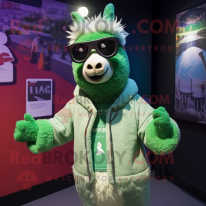 Green Llama mascot costume character dressed with a Cardigan and Sunglasses