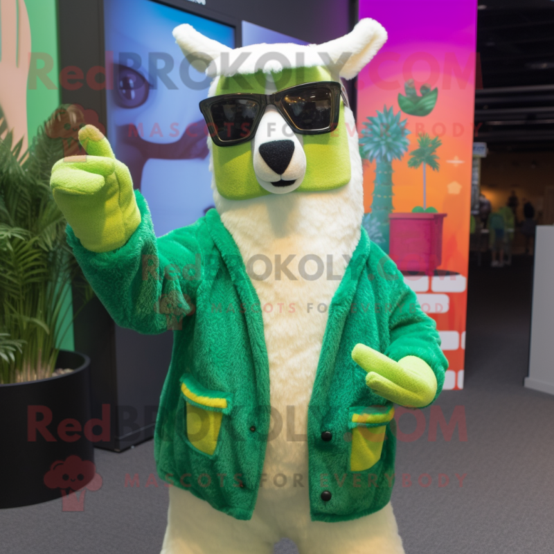Green Llama mascot costume character dressed with a Cardigan and Sunglasses Green Llama mascot costume character dressed with a Cardigan and Sunglasses
