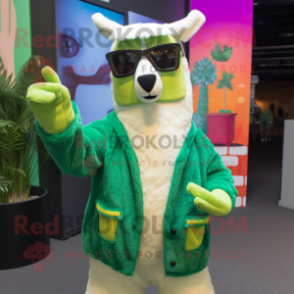 Green Llama mascot costume character dressed with a Cardigan and Sunglasses