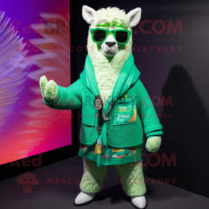Green Llama mascot costume character dressed with a Cardigan and Sunglasses