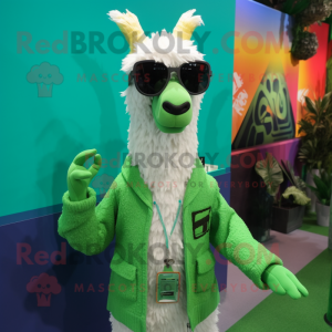 Green Llama mascot costume character dressed with a Cardigan and Sunglasses