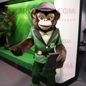 Forest Green Capuchin Monkey mascot costume character dressed with a Suit Jacket and Wallets