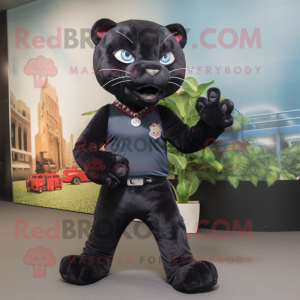 Black Jaguar mascot costume character dressed with a Bootcut Jeans and Brooches
