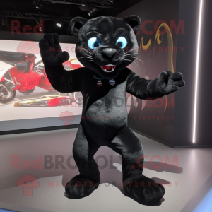 Black Jaguar mascot costume character dressed with a Bootcut Jeans and Brooches