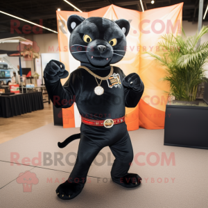 Black Jaguar mascot costume character dressed with a Bootcut Jeans and Brooches