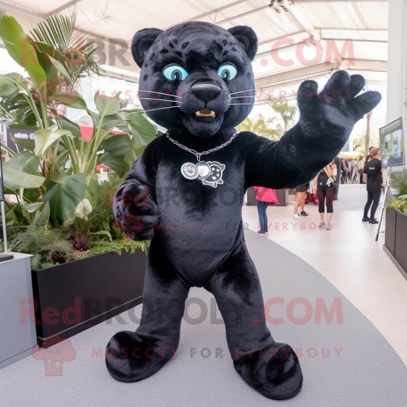 Black Jaguar mascot costume character dressed with a Bootcut Jeans and Brooches