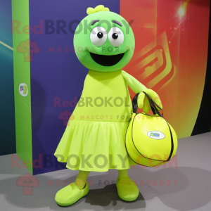 Lime Green Handball Ball mascot costume character dressed with a Skirt and Tote bags