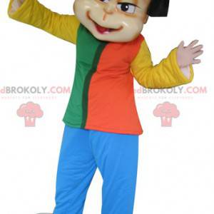 Mascot brunette girl dressed in a colorful outfit -