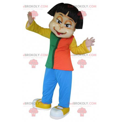 Mascot brunette girl dressed in a colorful outfit -