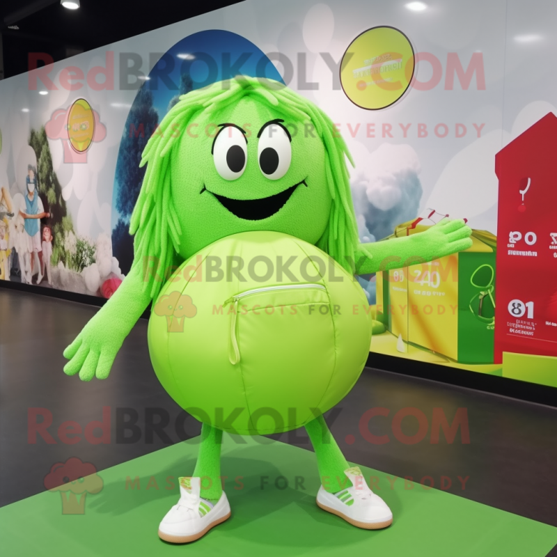 Lime Green Handball Ball mascot costume character dressed with a Skirt and Tote bags