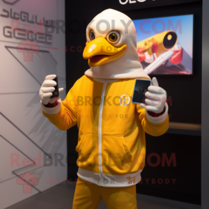 Gold Gull mascot costume character dressed with a Hoodie and Smartwatches