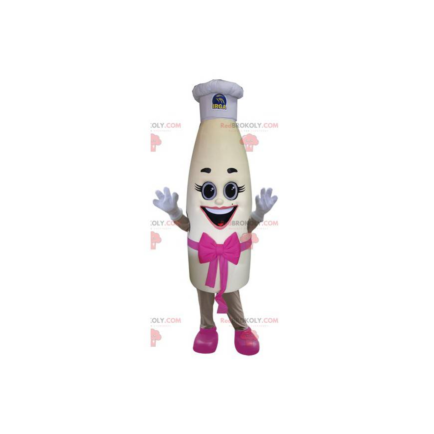 Mascota gigante de botella de leche con gorro de cocinero -