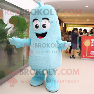 Sky Blue Fried Rice mascot costume character dressed with a Mom Jeans and Shoe laces