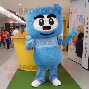 Sky Blue Fried Rice mascot costume character dressed with a Mom Jeans and Shoe laces