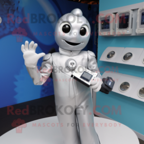Silver Phone mascot costume character dressed with a Poplin Shirt and Gloves