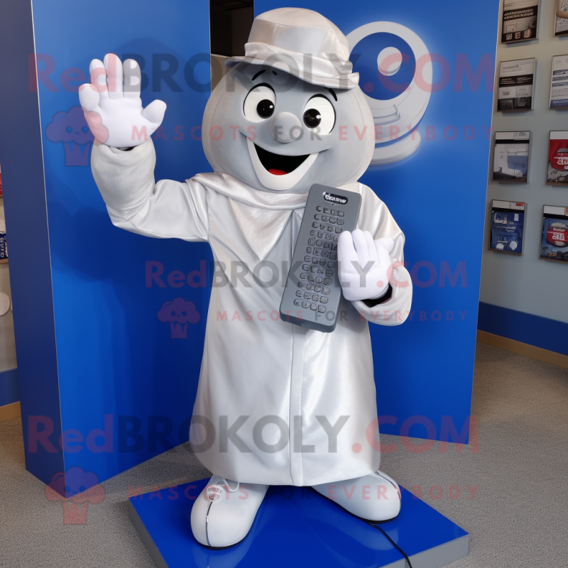 Silver Phone mascot costume character dressed with a Poplin Shirt and Gloves Silver Phone mascot costume character dressed with a Poplin Shirt and Gloves