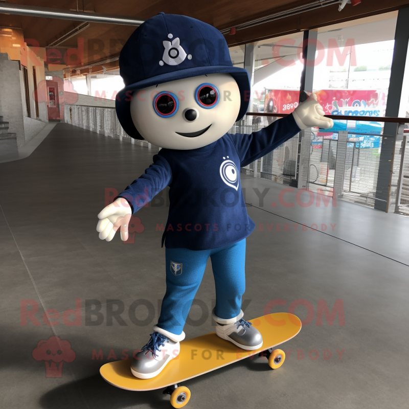 Navy Skateboard mascot costume character dressed with a Jeggings and Earrings Navy Skateboard mascot costume character dressed with a Jeggings and Earrings