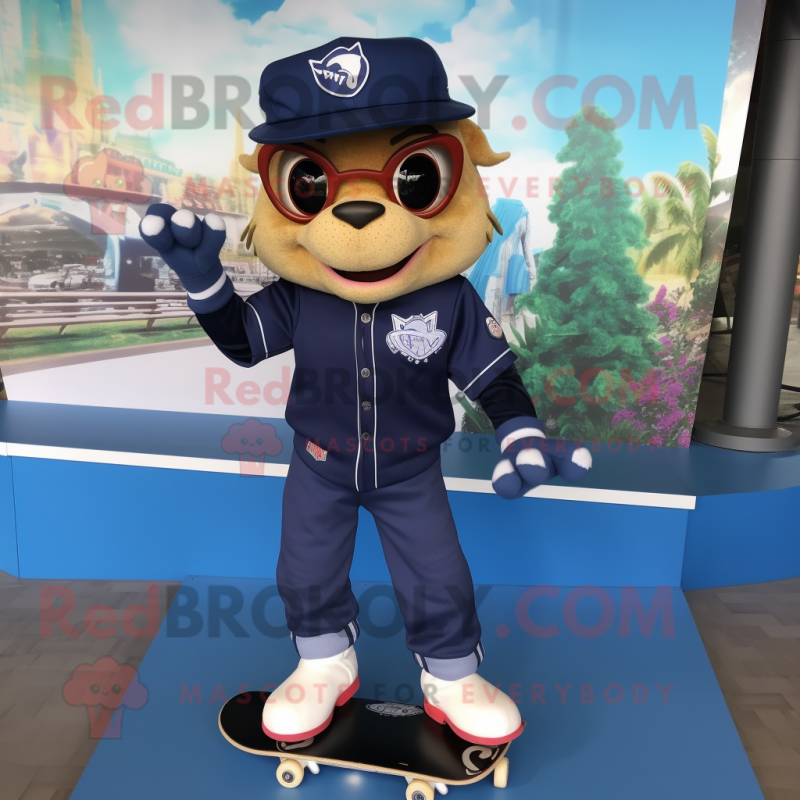 Navy Skateboard mascot costume character dressed with a Jeggings and Earrings Navy Skateboard mascot costume character dressed with a Jeggings and Earrings