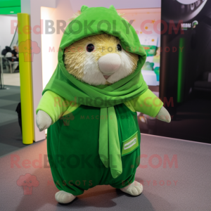 Green Guinea Pig mascot costume character dressed with a Jumpsuit and Shawls