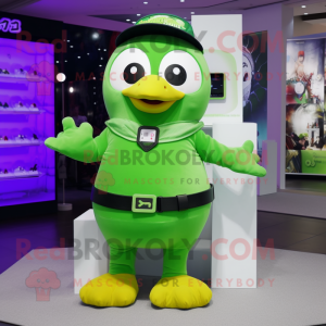 Lime Green Penguin mascot costume character dressed with a T-Shirt and Belts