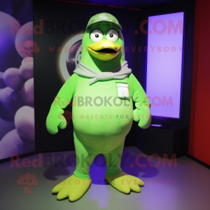 Lime Green Penguin mascot costume character dressed with a T-Shirt and Belts