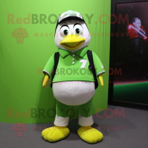 Lime Green Penguin mascot costume character dressed with a T-Shirt and Belts