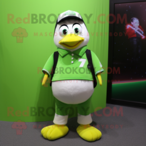 Lime Green Penguin mascot costume character dressed with a T-Shirt and Belts