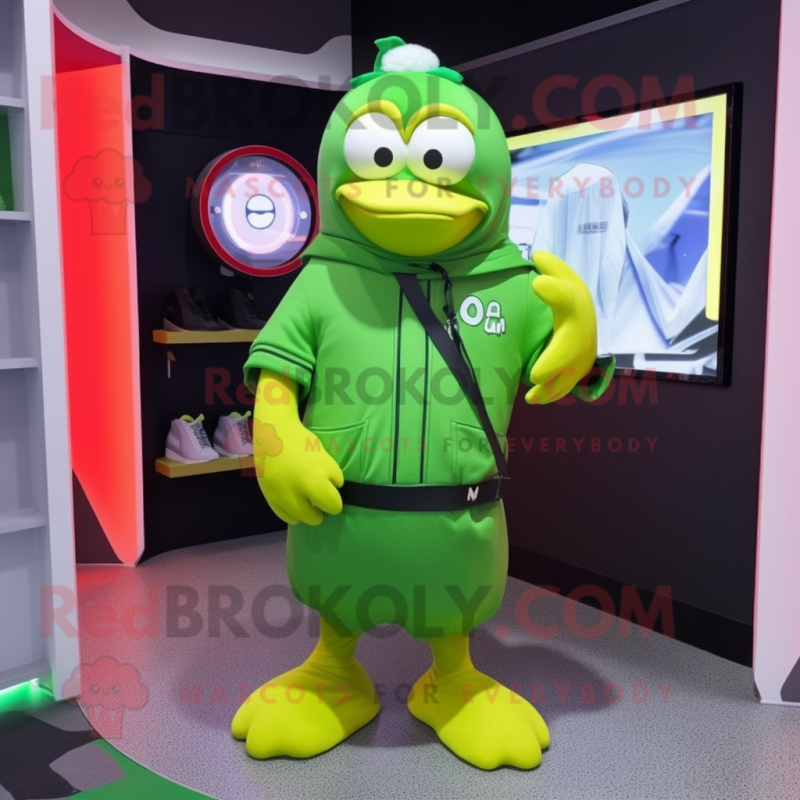 Lime Green Penguin mascot costume character dressed with a T-Shirt and Belts Lime Green Penguin mascot costume character dressed with a T-Shirt and Belts
