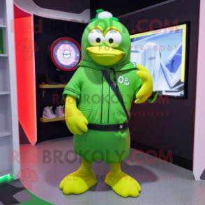 Lime Green Penguin mascot costume character dressed with a T-Shirt and Belts