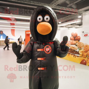 Black Currywurst mascot costume character dressed with a Bomber Jacket and Shawls