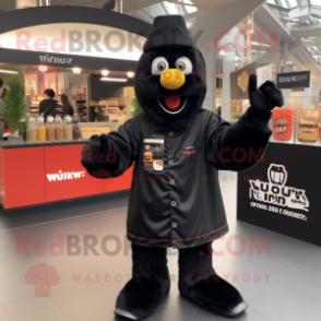 Black Currywurst mascot costume character dressed with a Bomber Jacket and Shawls