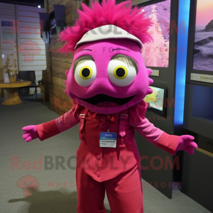 Magenta Cod mascot costume character dressed with a Dress Pants and Headbands