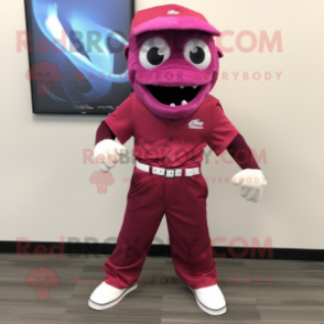 Magenta Cod mascot costume character dressed with a Dress Pants and Headbands