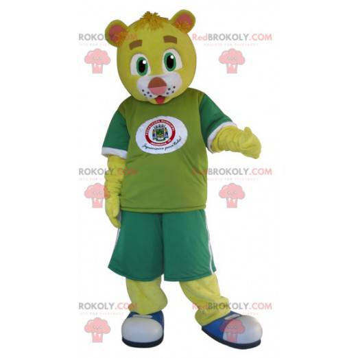 Mascotte de nounours jaune habillé en vert - Redbrokoly.com