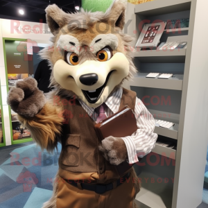 Tan Werewolf mascot costume character dressed with a Shift Dress and Wallets