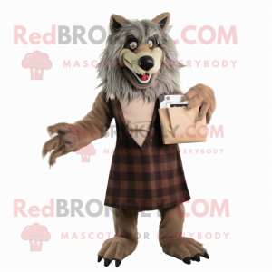 Tan Werewolf mascot costume character dressed with a Shift Dress and Wallets