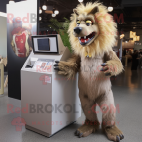 Tan Werewolf mascot costume character dressed with a Shift Dress and Wallets