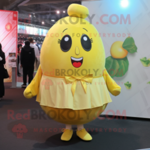 Yellow Potato mascot costume character dressed with a Circle Skirt and Tie pins