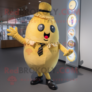 Yellow Potato mascot costume character dressed with a Circle Skirt and Tie pins