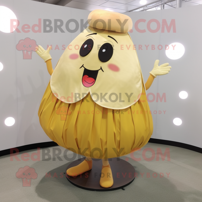 Yellow Potato mascot costume character dressed with a Circle Skirt and Tie pins