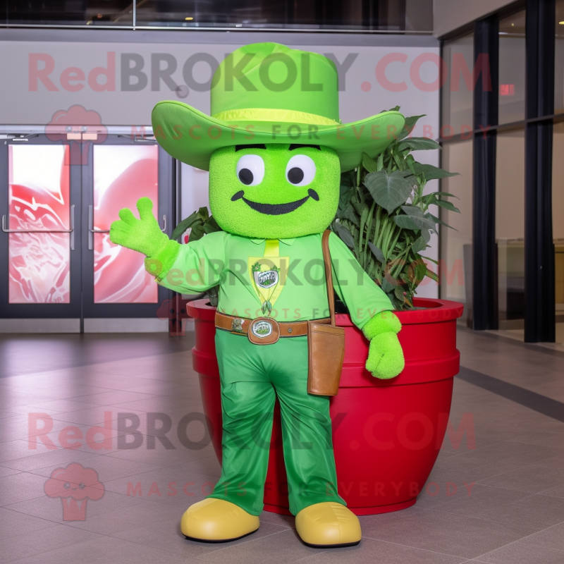 Lime Green Pot Of Gold mascot costume character dressed with a Bootcut Jeans and Caps